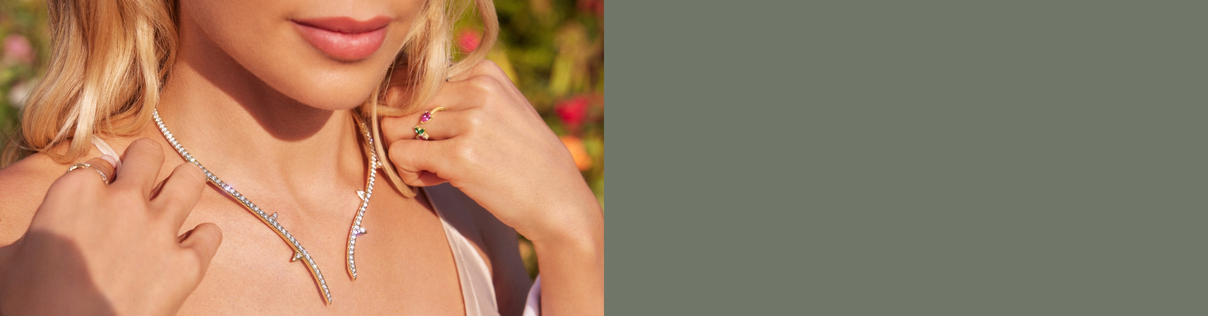 Logan Hollowell wearing diamond collar necklace and fashion rings from the Brilliant Earth x Logan Hollowell collection.