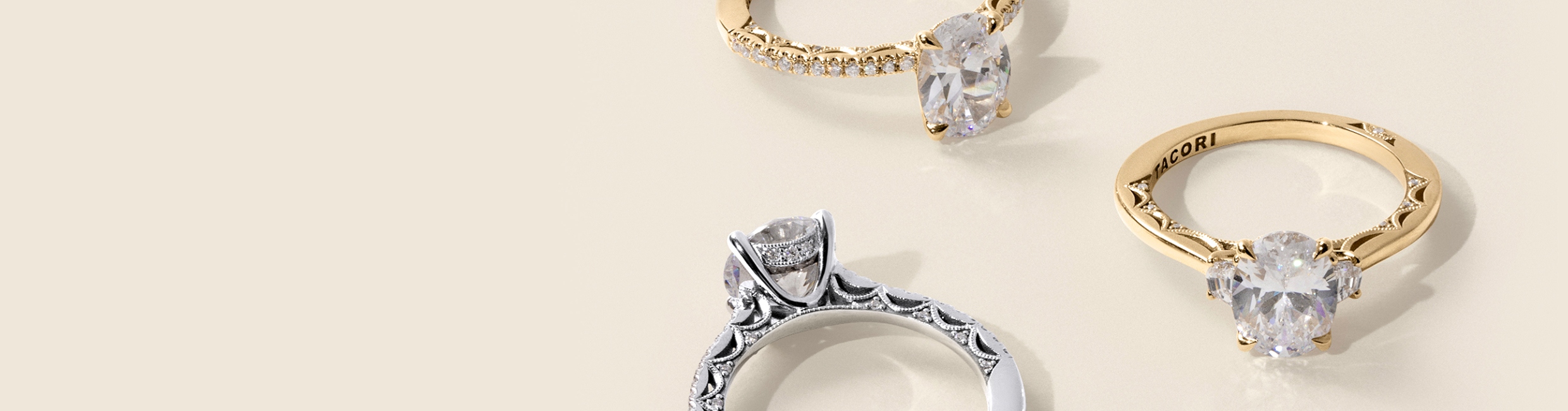 Variety of diamond engagement rings from the Tacori collection.