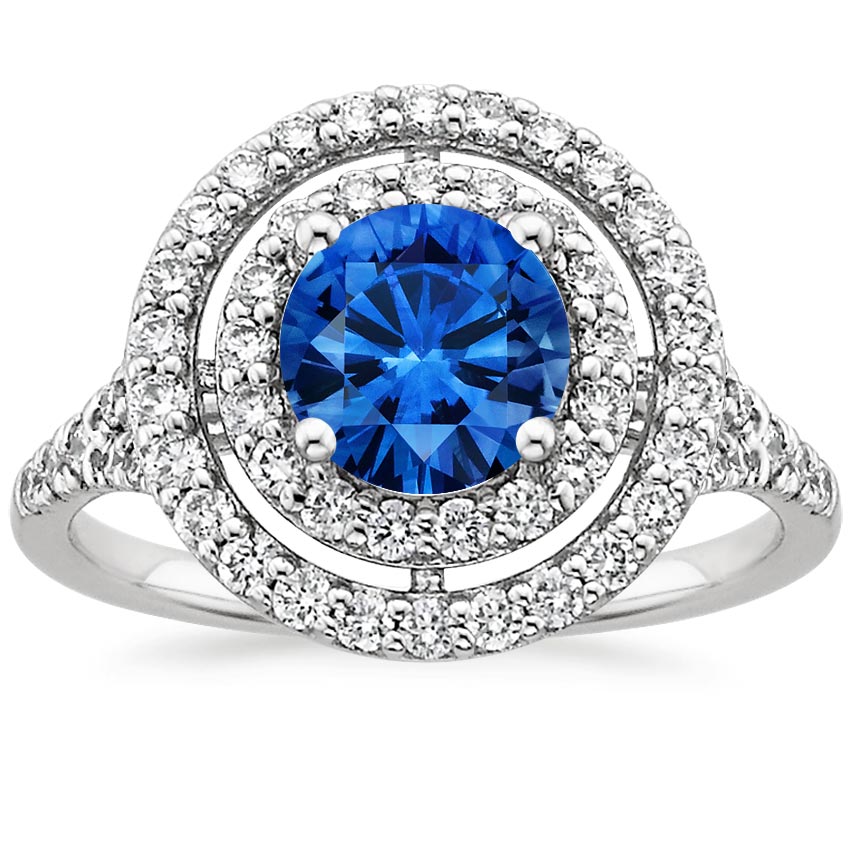 Sapphire Double Halo Diamond Ring (1/2 ct. tw.) in 18K White Gold