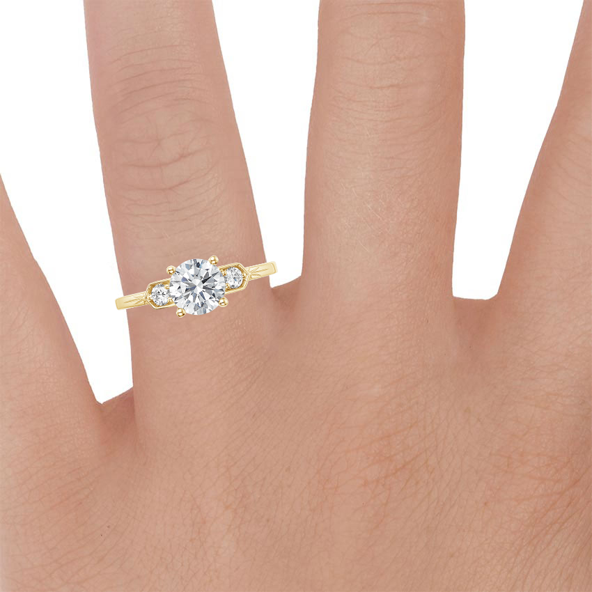 18K Yellow Gold Jaqueline Art Deco Diamond Ring, large zoomed in top view on a hand
