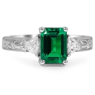 Custom Engraved Emerald Ring with Trillion Accents