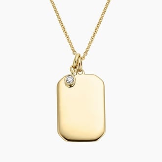 Engravable Tag Necklace with 14K Yellow Gold Diamond Charm