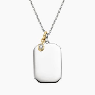 Engravable Tag Necklace with 14K Yellow Gold Diamond Charm