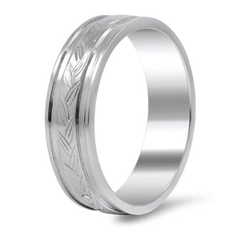 Custom Leaf Engraved Wedding Band with Diamond Accents