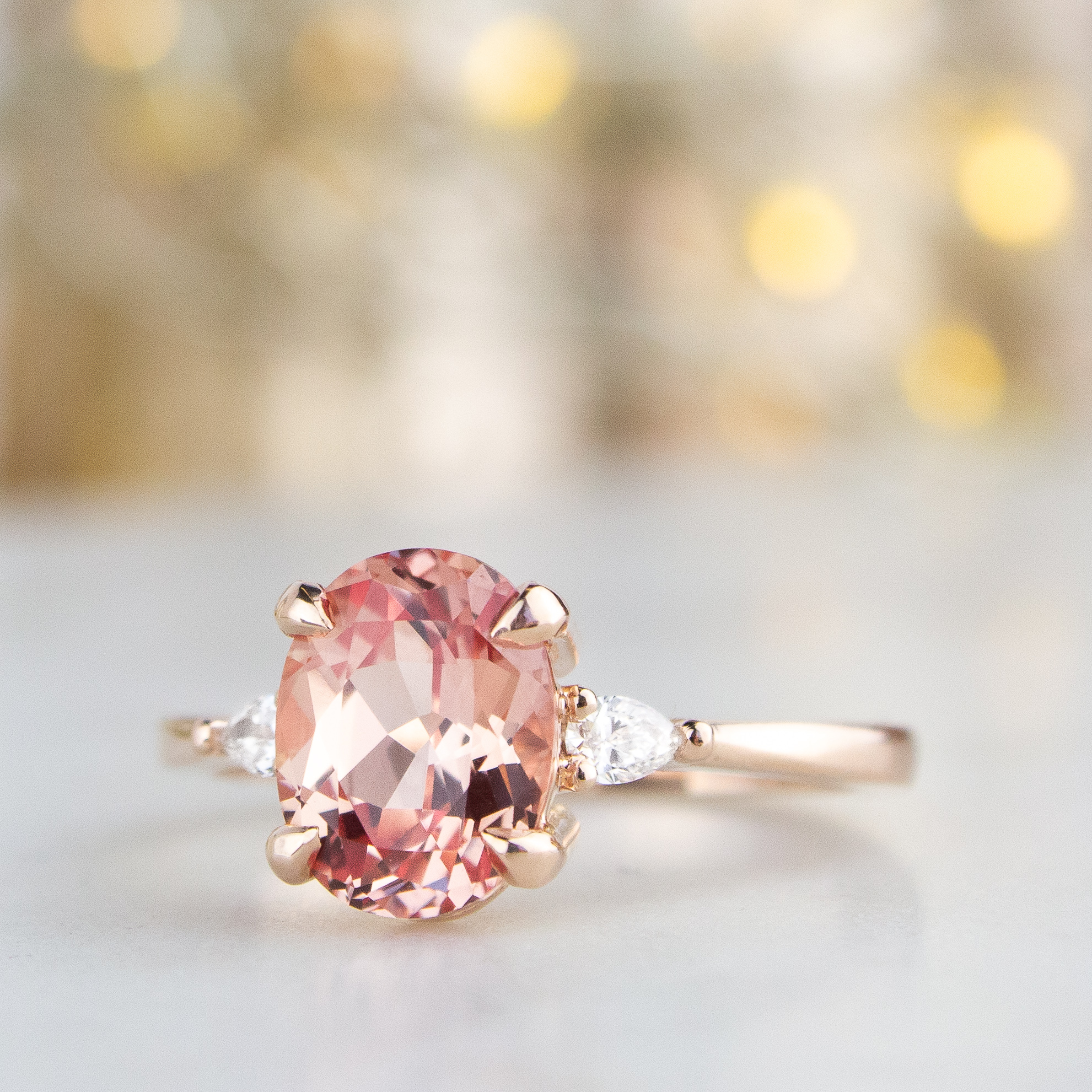 Delicate Rose Gold Peach Sapphire Ring, Pink Sapphire Diamond Ring, Rose Gold Engagement Ring