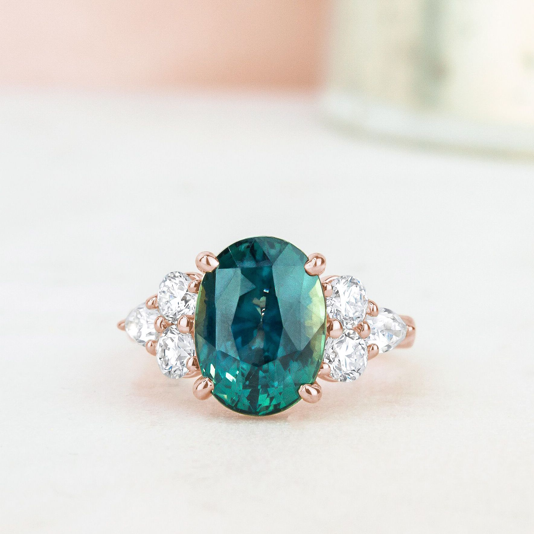 Teal Sapphire Diamond Ring