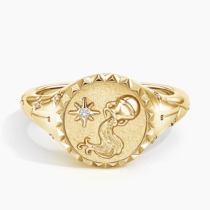 Aquarius Zodiac Diamond Signet Ring
