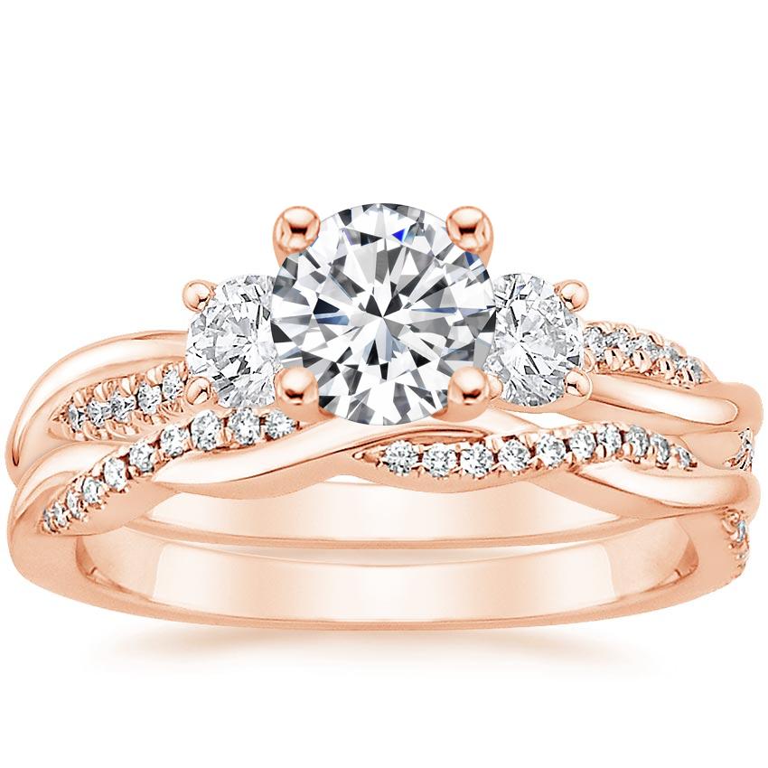 14K Rose Gold Three Stone Petite Twisted Vine Diamond Bridal Set (1/2 ...