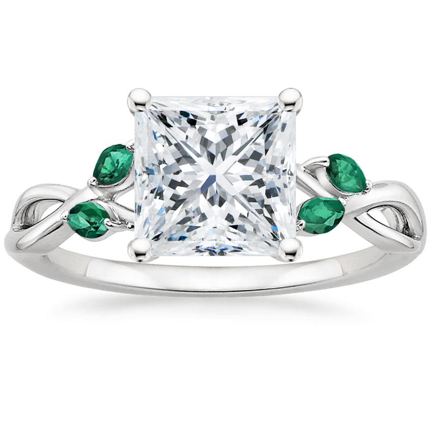 18K White Gold Willow Ring With Lab Emerald Accents, large top view