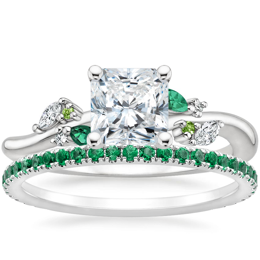 Arden Diamond Ring with Lab Emerald Accents with Luxe Ballad Emerald Ring in 18K White Gold