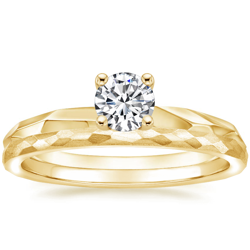 18K Yellow Gold Piedra Ring with Matte Hammered Petite Comfort Fit