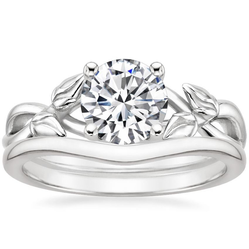 18K White Gold Budding Willow Ring with Petite Curved Wedding Ring