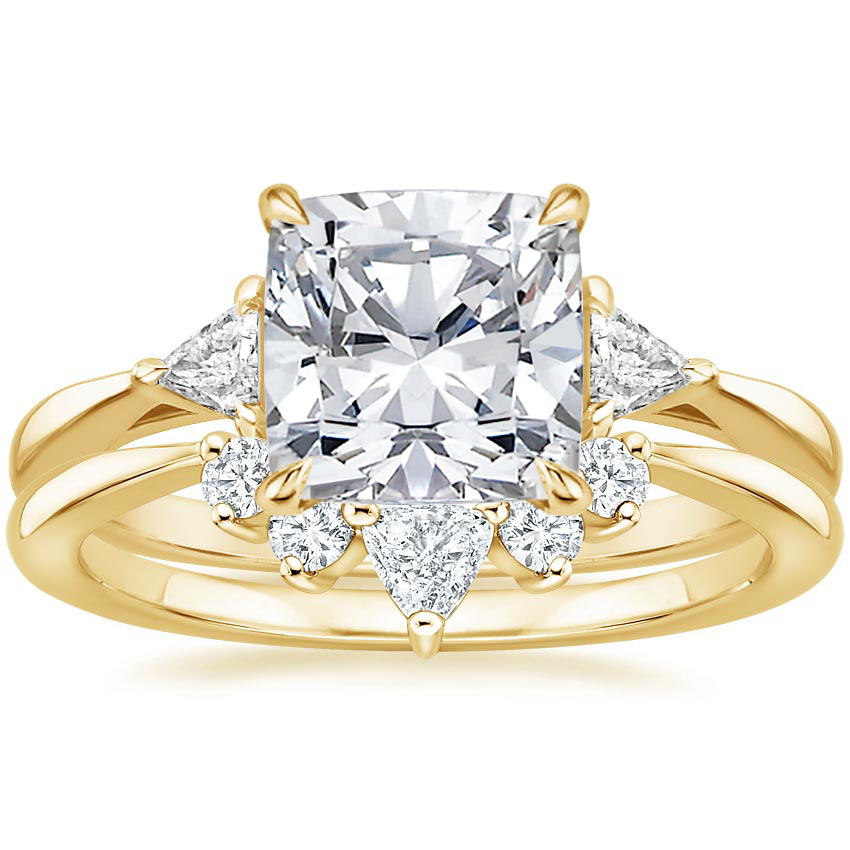 18K Yellow Gold Trillion Three Stone Diamond Engagement Ring with Hadley Contoured Diamond Ring