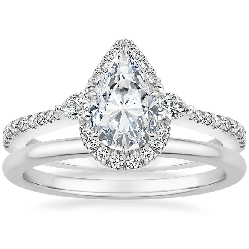 18K White Gold Luxe Aria Halo Diamond Ring with Petite Comfort Fit Wedding Ring