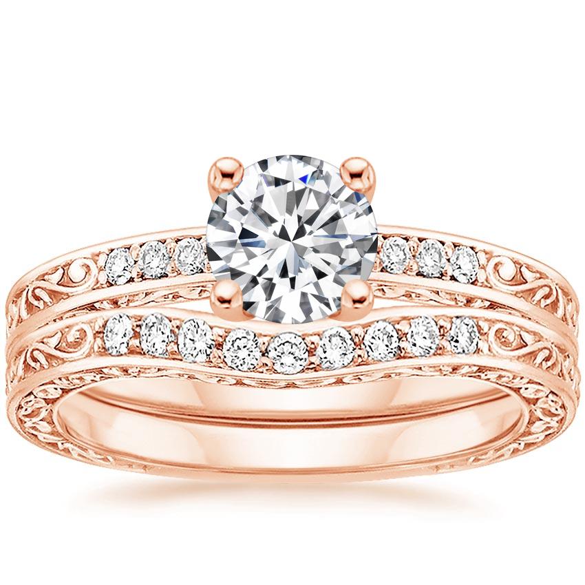 14K Rose Gold Delicate Antique Scroll Contoured Diamond Bridal Set ...