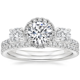 18K White Gold Three Stone Waverly Diamond Ring with Luxe Ballad Diamond Ring
