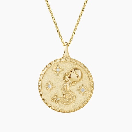 14K Yellow Aquarius Zodiac | Gold | Diamond Aquarius Necklace Earth Brilliant Accented