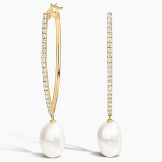Baroque Cultured Pearl and Diamond Hoop Earrings in 14K Yellow Gold