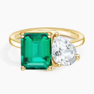 Toi et Moi Lab Emerald and White Topaz Cocktail Ring in 18K Yellow Gold