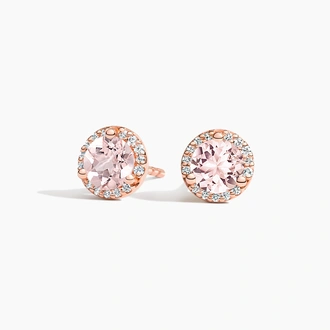 Morganite Halo Diamond Earrings in 14K Rose Gold