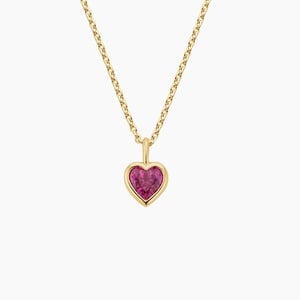 14K Yellow Gold Heart Shaped Lab Pink Sapphire Bezel Pendant Necklace