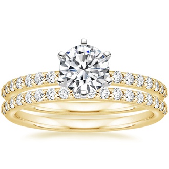 18K Yellow Gold Six Prong Petite Shared Prong Diamond Bridal Set
