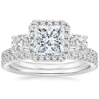 18K White Gold Three Stone Waverly Diamond Ring with Luxe Ballad Diamond Ring
