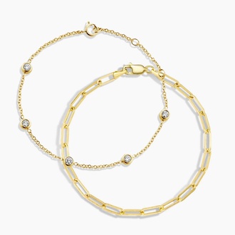 14K Yellow Gold The Enthusiast Paperclip and Diamond Bracelet Set