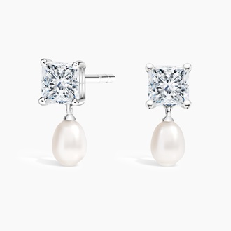 Cultured Pearl and Princess Diamond Earrings in 18K White Gold