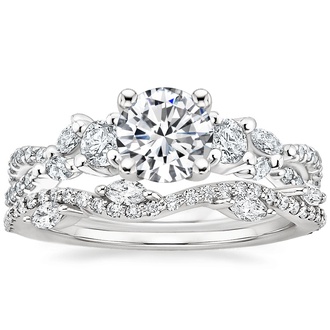 18K White Gold Three Stone Luxe Willow Diamond Ring with Luxe Winding Willow Diamond Ring
