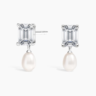 Cultured Pearl and Emerald Diamond Earrings in 18K White Gold