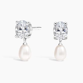 Cultured Pearl and Oval Diamond Earrings in 18K White Gold