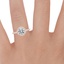 14K Rose Gold Shared Prong Halo Diamond Ring, smallzoomed in top view on a hand