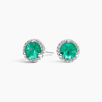 Emerald Halo Diamond Earrings in 18K White Gold