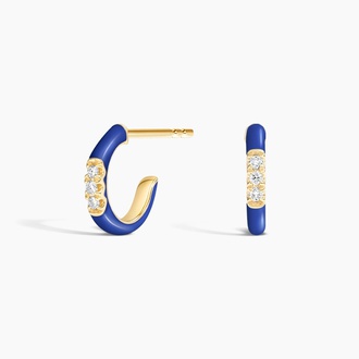 Petite Blue Enamel and Diamond Huggie Earrings
