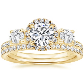 18K Yellow Gold Three Stone Waverly Diamond Ring with Luxe Ballad Diamond Ring