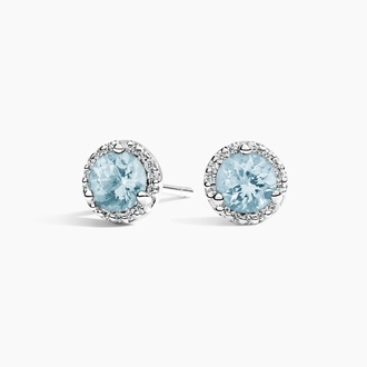 Aquamarine Halo Diamond Earrings in 18K White Gold