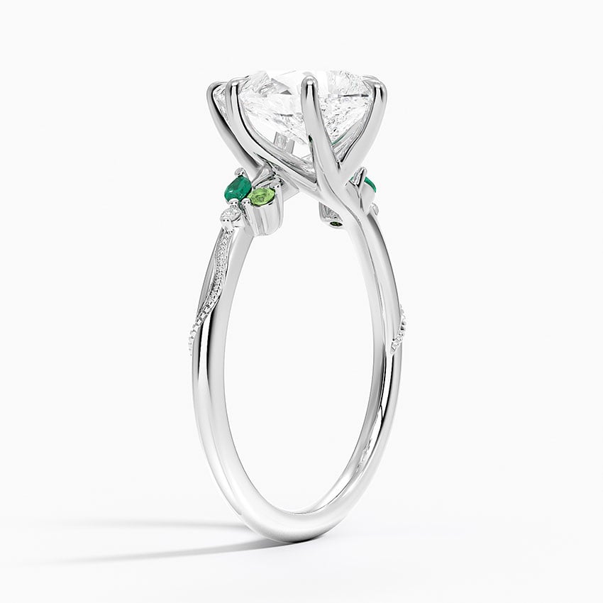18K White Gold Camellia Milgrain Green Gemstone and Diamond Ring