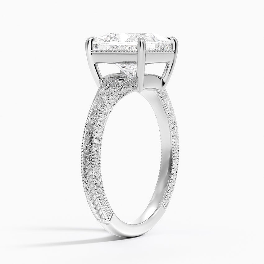 18K White Gold Tapered Elsie Engraved Solitaire Ring