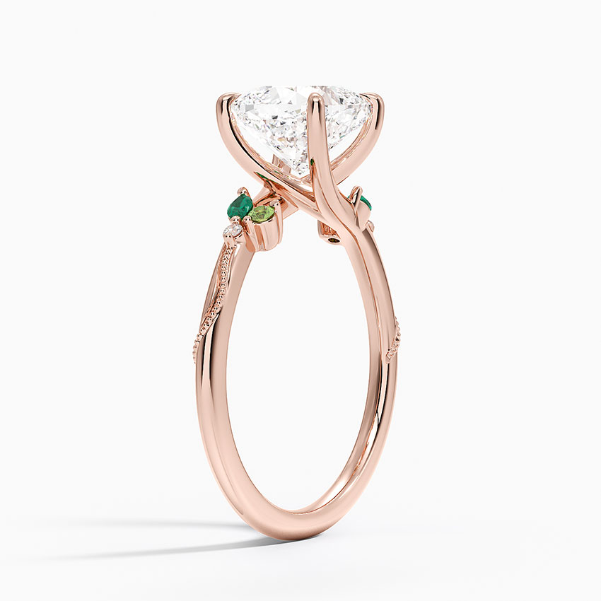 14K Rose Gold Camellia Milgrain Green Gemstone and Diamond Ring