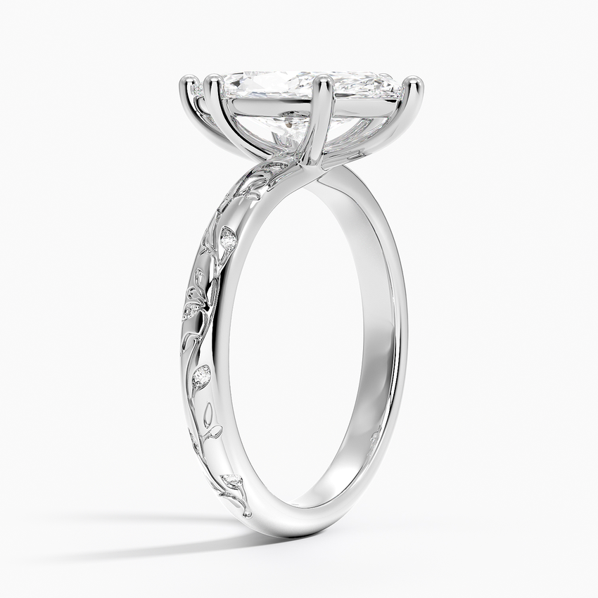 18K White Gold Verdure Engraved Diamond Solitaire Ring