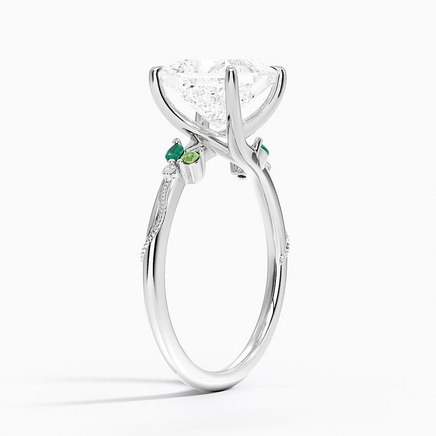 18K White Gold Camellia Milgrain Green Gemstone and Diamond Ring