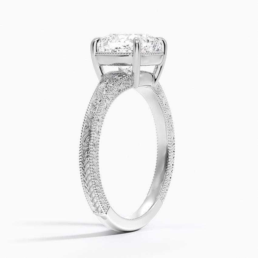 18K White Gold Tapered Elsie Engraved Solitaire Ring