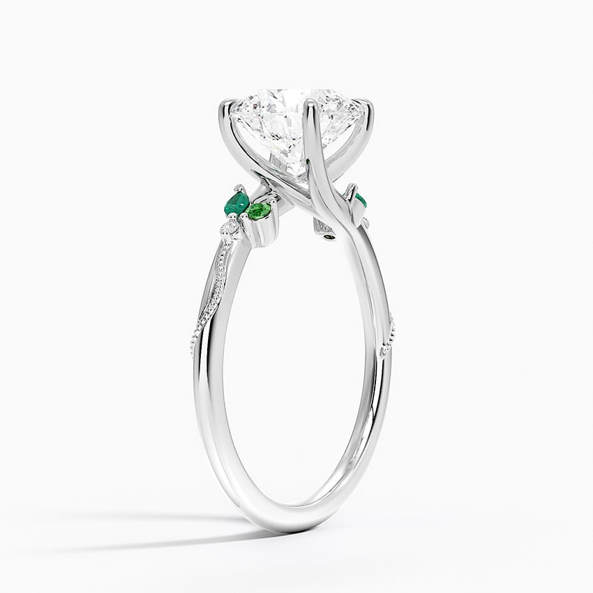Platinum Camellia Milgrain Green Gemstone and Diamond Ring