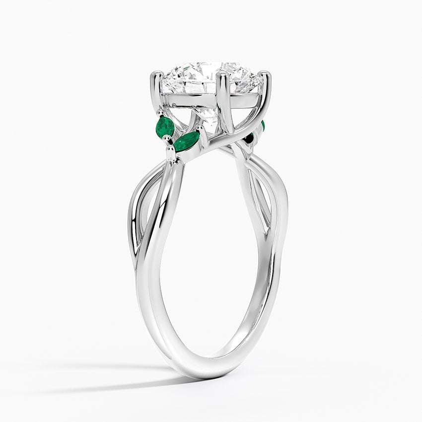 14K White Gold Willow Ring With Lab Emerald Accents