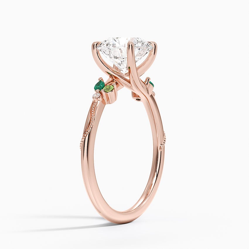 14K Rose Gold Camellia Milgrain Green Gemstone and Lab Diamond Ring
