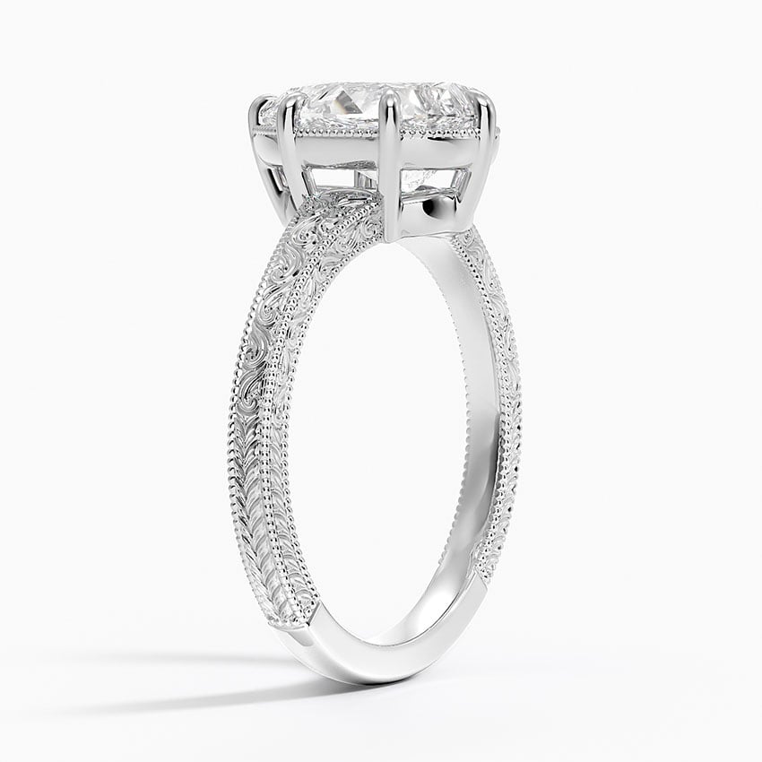 18K White Gold Tapered Elsie Engraved Solitaire Ring