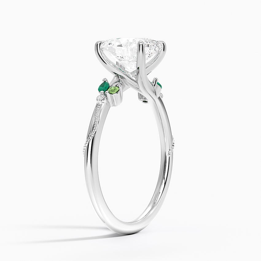 18K White Gold Camellia Milgrain Green Gemstone and Diamond Ring