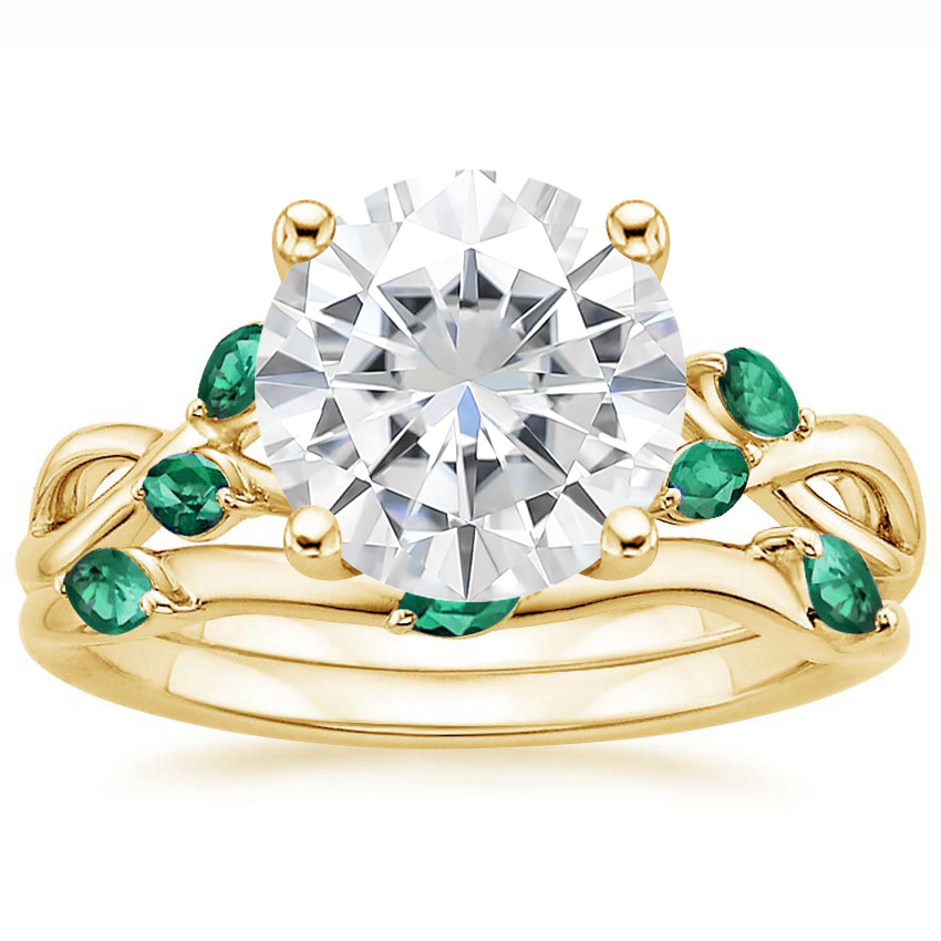 18KY Moissanite Willow Bridal Set With Lab Emerald Accents, top view