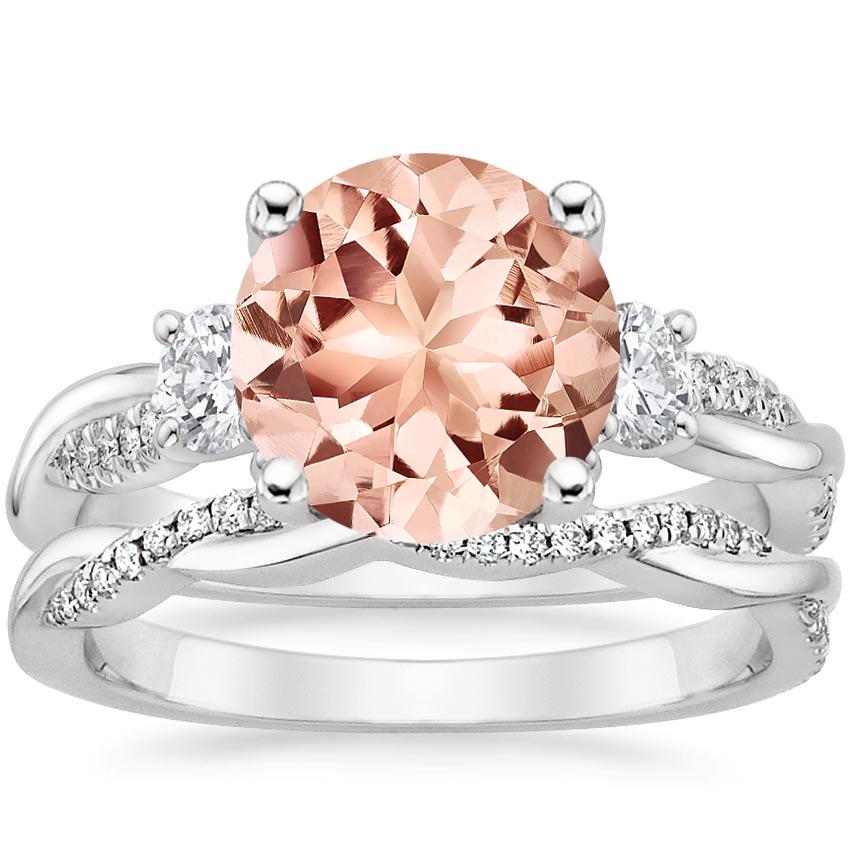 18KW Morganite Three Stone Petite Twisted Vine Diamond Bridal Set (1/2 ct. tw.), top view